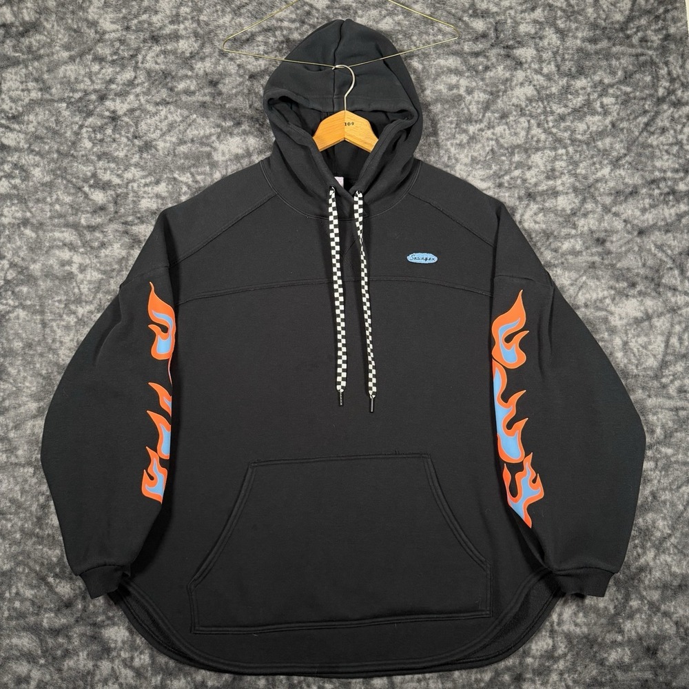 Savage X Fenty Oversized Pullover Womens M Black Orange Blue Flame Sleeve Hoodie